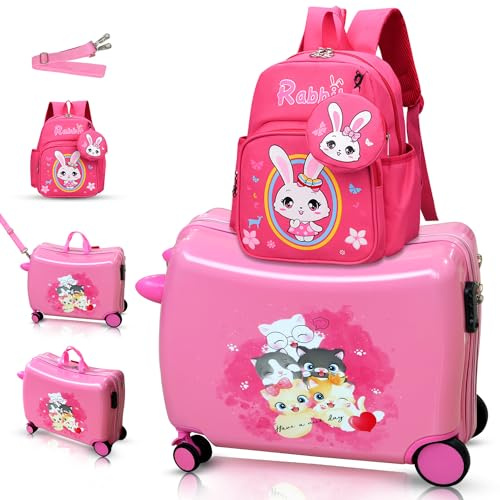 R.Leone Valigia Cavalcabile per Bambini Ryanair 55x40x20 cm + 30x23x14 cm Set 2 Pezzi Trolley Bagaglio a mano 4 Ruote e Zaino 311 (Gatto Coniglio, Valigia 55x40x20cm+Zaino)