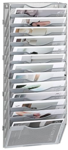 TQVAI Dokumenten Organizer 14 Fächer Metall Zeitschriftenhalter Wand A4 Papier Flyerhalter Postsortierer Dokumentenablage für Büro Zuhause Schule, Silber
