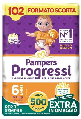 Pampers Progressi XL, Taglia 6 (16+ kg), Formato Scorta, Pelli Delicate, Linguette Rinforzate, Anti-Fuoriuscite, 102 Pannolini Bambino + 500 Punti Omaggio