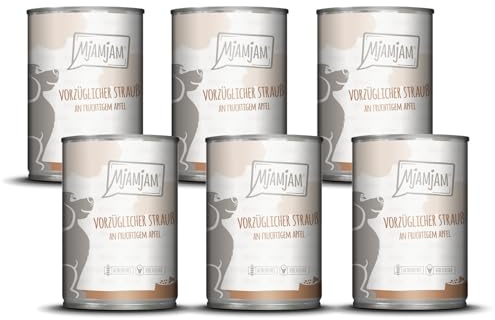 MjAMjAM – Premium Nassfutter für Hunde - vorzüglicher Strauß an fruchtigem Apfel, 6er Pack (6 x 400g), getreidefrei mit extra viel Fleisch