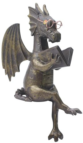 Dragon Reading Book Statue Figurine Sculpture, Wearing Glass Dinosaur Mini Cute Small Creative Ornament for Garden Bookshelf Decorations Adult Shelf Home Landscaping Outdoor Desktop Housewarming