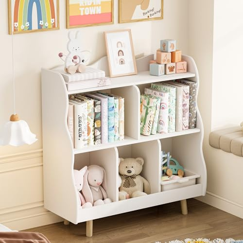 Treocho Kids Bookshelf and Toy Storage Orangizer, 3-Tier Wooden Children's Bookcase with Curve Design, 5 Cubbies Toy Storage Cabinet Display with Legs for Children's Room, Playroom, School, White