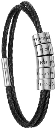 PiercingJak Partnerarmbänder mit Gravur 2-5 Namen Armband Schwarz Lederarmband geflochten Leder Kette Wickel Edelstahl Namensperlen ID Armreif Personalisierte Geschenke für Partner Mann Frauen Familie