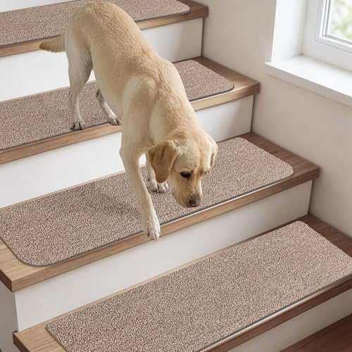 COSY HOMEER 4 Stück Stufenmatten Selbstklebend 70x22cm, Beige | Frei zuschneidbar, TPE-Rücken, rutschfest, waschbar, 100% Polyester, Sicherheit für Kinder, Senioren und Haustiere