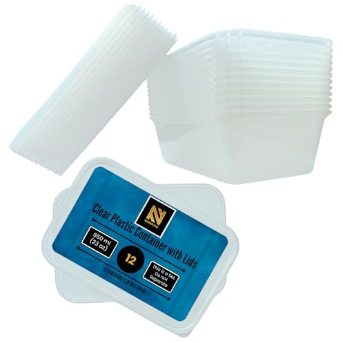 Plastic Food Containers With Lids. Pack of 12 650 ml. Clear Freezer Storage Boxes, Food Storage, Microwave, Fridge, Washable, Recyclable, Leak Proof, Reusable, BPA free. Takeaway containers with lids