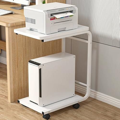 Untertisch-Druckerständer mit 2-stöckigem Stauraum, rollbarer Beistelltisch für Computer, PC, Tower, CPU, Shredder, Fax-Scanner, Druckerwagen für Zuhause, Büro, Weiß