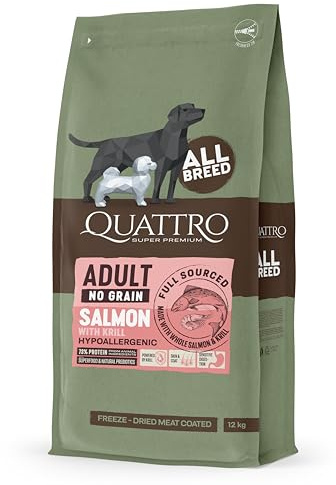 Quattro Premium Lachs & Krill Hundetrockenfutter, Getreidefrei, Hypoallergen, Für alle Rassen (12 kg)