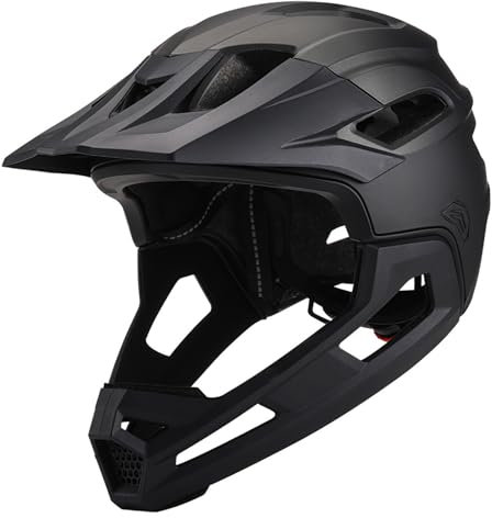 Mountainbike-Helm für Erwachsene, atmungsaktive schockfeste PC Full Face Bike Helm mit abnehmbarem Kinnhalter und Visor Verstellbar Unisex Schwarz zum Radfahren im Freien