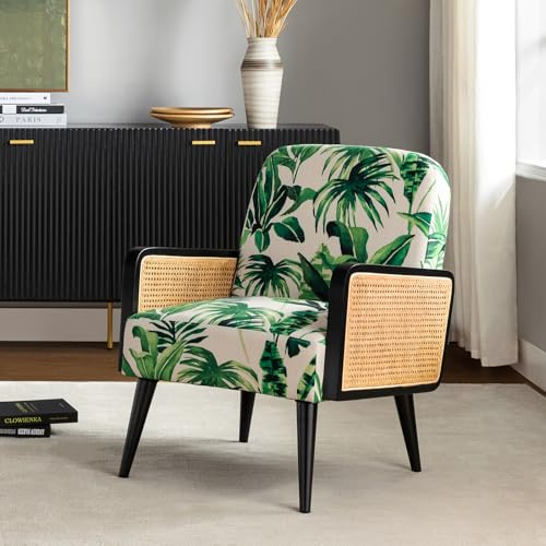 HULALA HOME Modern Armchair with Rattan Armrests and Wooden Legs, Mid-century Comfy Upholstered Accent Chair for Living Room, Bedroom, TROPICAL