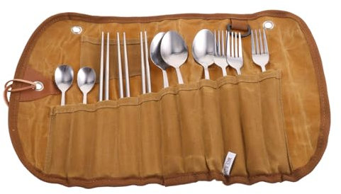 JOINPAYA 1 Set custodia per posate Forniture da campeggio borsa porta posate custodia per stoviglie per il campeggio utensili da picnic multifunzionali Acciaio inossidabile Marrone
