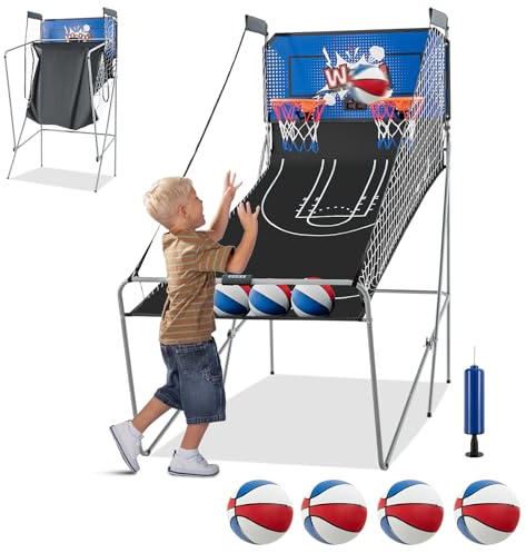 Costway 8-i-1-basketmaskin, hopfällbart elektriskt basketstativ, skjutmaskin med 4 bollar, luftpump och 8 spellägen, arkadbasketspel för barn, för 2 spelare