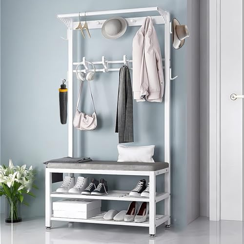 WPPTNSFY Entryway Coat Rack with Shoe Bench, Industrial Hall Tree with Shoe Rack, Free Standing Coat Stand, Removable Hooks, Multifunctional Coat Rack Stand for Entryway Hallway Bedroom