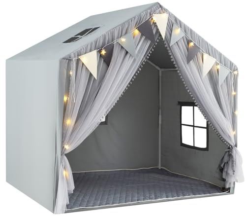 Maxmass Large Kids Play Tent, Toddler Play House with Star Lights, Flag Banner, Cotton Mat, Windows, Door Curtains, Indoor Children Playhouse Fairy Castle Tents for Boys Girls (Grey)
