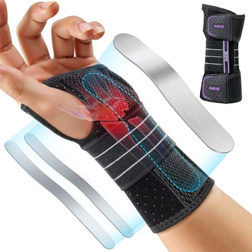 Rakiie Soporte de muñeca, vendajes de muñeca ajustables con 3 férulas metálicas, vendaje de muñeca para hombre y mujer, sin presión en el pulgar, estabilizador con férula, Morado, Mano izquierda