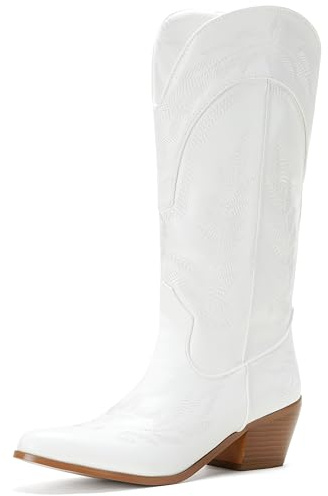 Voviggiw Women Embroidered Cowboy Boots Slip On Mid Calf Western Boots Pointed Toe Cowgirl Boots Causal Party White Size 43