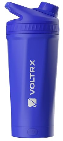 VOLTRX ChillMix Bouteille shaker isotherme en acier inoxydable – Mélangeur électrique rechargeable par USB C, pour boissons protéinées et remplacement des repas, acier chromé (bleu électrique)