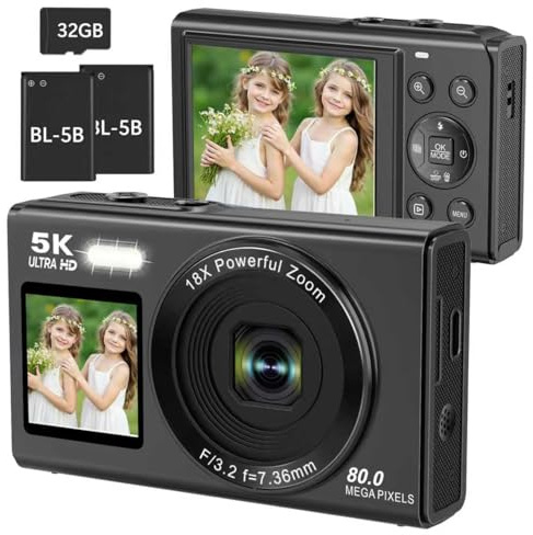 Appareil photo numérique 5K, 80 MP double écran pour vlogging avec zoom numérique 18x, WiFi, flash, appareil photo compact avec carte TF 32 Go et 2 batteries pour enfants, adolescents et adultes