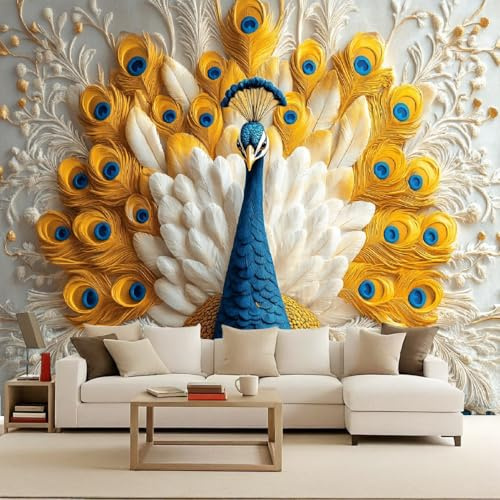 Papel Pintado 3D Pavo real Tejido No Tejido Papel Tapiz Fotomurales Barroco Moderno Murales Animales y aves Diseno Fotográfico Dormitorio Salón -366x256cm