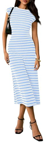 PRETTYGARDEN Women's 2026 Summer Bodycon Midi Dress Casual Striped Cap Sleeve Party Wedding Guest Dresses Vacation Outfits(Striped Light Blue White,Large)
