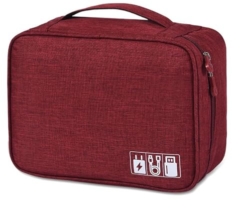 Travel Cable Organiser Bag, Electronics Tech Organizer Pouch Waterproof Padded Storage Case for Cables, Chargers, Hard Drives, Power Banks, Multi-Layer Carry Case for Travel and Office (Burgundy)