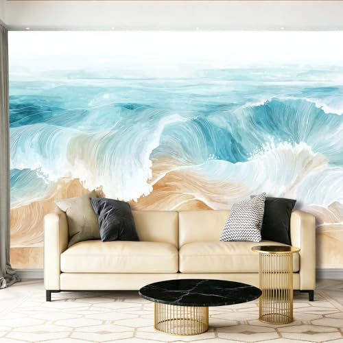 Carta da parati Fotografica Acquerello Onde Dell'Oceano Spiaggia, Azzurro Motivo Panoramico Murale - 200 x 140 cm Effetto 3D Carta da parati decorazione interna per Soggiorno Camera Ristorante