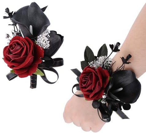 URROMA Juego de 2 ramilletes y boutonniere, rosa roja y lirio de cala negra, flores de mano para graduación, pulseras artificiales para novia, boda, fiesta