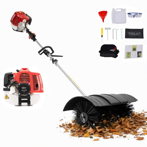 Wiefiche Barredora de gasolina, 2,3 CV, 2 tiempos, cepillo ancho de 52 cm, barredora de mano a gasolina, quitanieves, 8500 rpm, velocidad ajustable, para limpieza de césped, jardín, patio