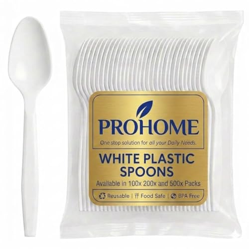 ProHome Reusable Plastic Tablespoons Pack of 100 – Premium Table Spoons, Dessert & Cereal Spoons Cutlery, BPA-Free, Durable & Dishwasher Safe for Daily Use (100)
