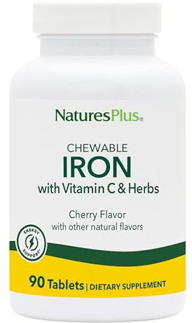 NaturesPlus Chewable Iron, Cherry - 90 Tablets - Supports Natural Energy Production - High-Potency Supplement with Vitamin C & Herbs - 90 Servings