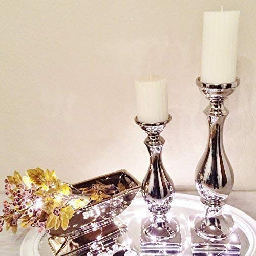 2er Set Kerzenständer Kerzenleuchter Kerzenhalter Keramik Größe 31/39 cm Stumpenkerzenhalter Windlicht Teelichthalter Stabkerzenhalter Säulenständer Hochzeitsdeko Silber