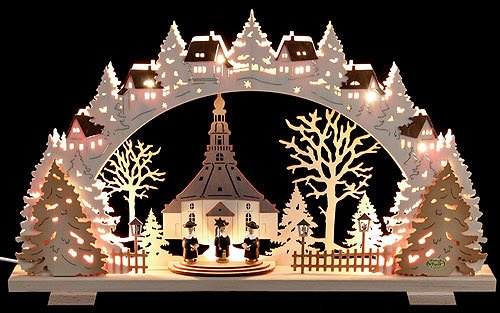 Tietze Schwibbogen Seiffener Kirche mit Kurrendefiguren exklusiv - 53x31x4,5 cm
