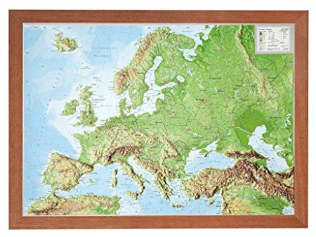 Europa klein 1:16.000.000 mit Rahmen: Reliefkarte Europa klein mit Holzrahmen: Tiefgezogenes Kunststoffrelief