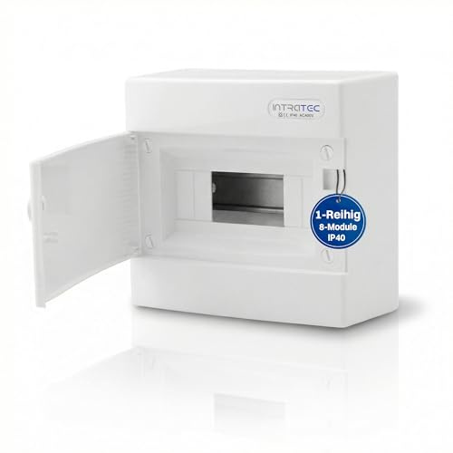 Intratec Cuadro Eléctrico de Superficie 1 Fila – IP40 Caja de Distribución para 8 Módulos con Puerta Blanca para una Instalación Fácil en Hogar y Comercio – 236 x 396 x 102 mm