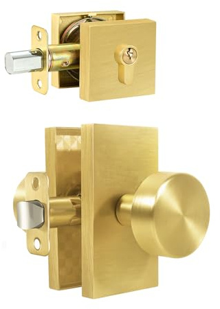 Toptotoo Türknauf-Set für Riegel und Eingangstür, goldfarben, mit Schloss außen, gebeiztes Messing, Vordertürgriff und Riegel-Set