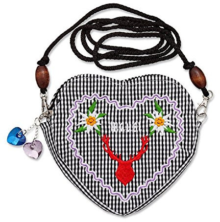Edelweiss Trachten Tasche Oktoberfest Dirndl Herzform abnehmbarem Langer Kordel Mausi Hirschkopf Schwarz