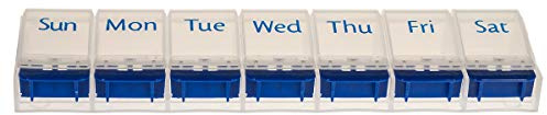 Vanlo Pillendose mit 7 Fächern für eine Woche in weiß/blau mit Öffner, Pillenbox, Tablettendose, Medikamentendose - englisch