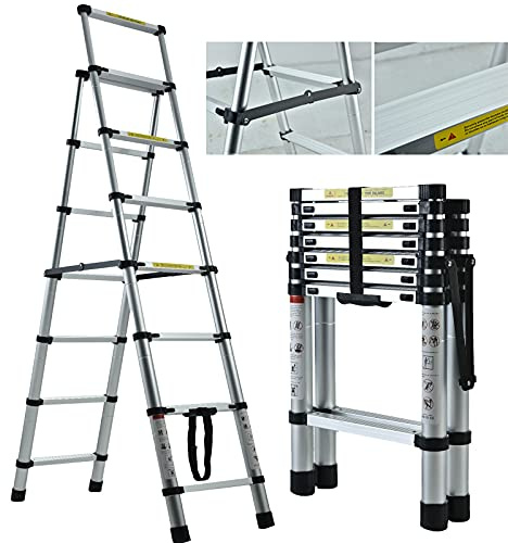 Aluminium 7 Tread Step Ladder Telescopic Folding Ladder Anti Slip Heavy Duty 330lbs Capacity for Kitchen Home Office Hotel Garden Multipurpose EN131 Standard