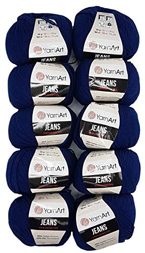 10 x 50g Strickwolle YarnArt Jeans einfarbig mit 55% Baumwolle, 500 Gramm Wolle uni (blau 54)