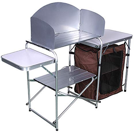 MNSSRN Aluminiumlegierung Klapptisch, Outdoor Camping liefert doppelschichtige Lagergestell Mobile Küchenzeile, Picknicktisch im Freien, 30kg Selbstfahrende Mobile Küche
