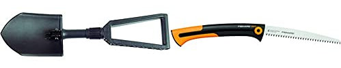 Fiskars Klappspaten für Camper und Bergsteiger, Auch als Schaufel und Hacke einsetzbar, 59 cm & Große Handsäge für frisches Holz, Grobzahnung, Sägeblattlänge: 25,5 cm, Schwarz/Orange