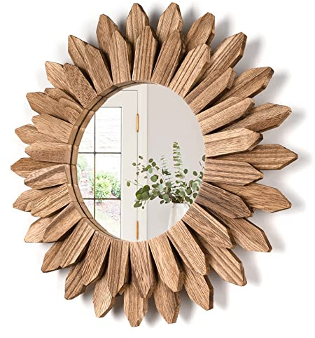 Honiway Wall Mirror Decorative 12 inch Rustic Wood Mirror Sunburst Boho Mirror for Entryway Bedroom Living Room Bathroom House Warming Gifts New Home Essential Carbonized Black