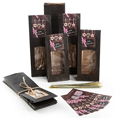 Logbuch-Verlag 25 Standbodenbeutel mit Sichtfenster - lebensmittelecht - mit Weihnachtssticker - Verpackung für Plätzchen, Tee, Kaffee