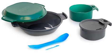 humangear GoKit Deluxe: 7-Tool Lightweight Camping Mess Kit with Portable Insulated Cup, Camping Plate, Bowl, Utensil, and Toothpick - Ideal On-The-Go Camping Solution, Charcoal/Green