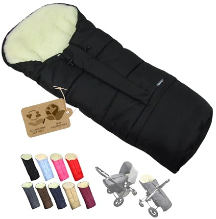 BambiniWelt by Rafael K. Winterfußsack – universaler Fußsack für Kinderwagen, Buggy & Schlitten in Mumienform – Lammwolle, größenverstellbar (90–110 cm), warm, waschbar & windabweisend (schwarz)