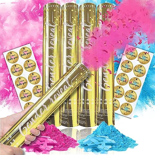 Gender Reveal Annonce Sexes Bébé | x4 Canon Confettis & Poudre Holi effet Fumigene Couleur Intense ✦ Revelation Boy or Girl ✦ Oh Baby Shower Party ✦ 2 Bleu & 2 Rose + 20 Stickers + Ebook Offert