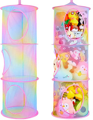 Basumee Stuffed Animals Net or Hammock 2 Pcs Stuffed Animals Storage Toy Net Hammock for Plushies Storage Organizer Mesh Kids Girls Room Decor, Rainbow, 3 Tiers