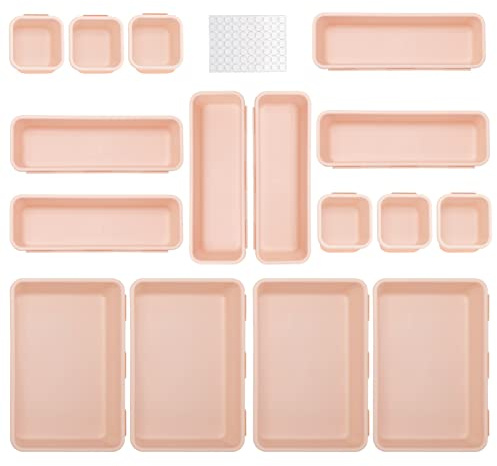 Famhap Getrennte Schublade Organizer,16 Stücke Aufbewahrungsbox für Zuhause, Büro & HomeAufbewahrungsbox, Schubladen Organizer Ordnungssystem, Waschbare Aufbewahrungsbox(Rosa)
