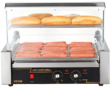 VEVOR Hot Dog Roller, 30 Hot Dog Capacity 11 Rollers, 1800W Stainless Steel Cook Warmer Machine w/Cover & Dual Temp Control, LED Light & Detachable Drip Tray, Sausage Grill Cooker for Kitchen Canteen