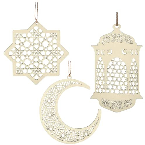 EID by MUBARAK DECORATION – Guirlande en BOIS REUTILISABLE – AID MOUBARAK - 6 PCS - Lanterne x2, Lune x2, Etoile x2 – Grand Format – Pour une fete après RAMADAN Magnifique et Inoubliable.