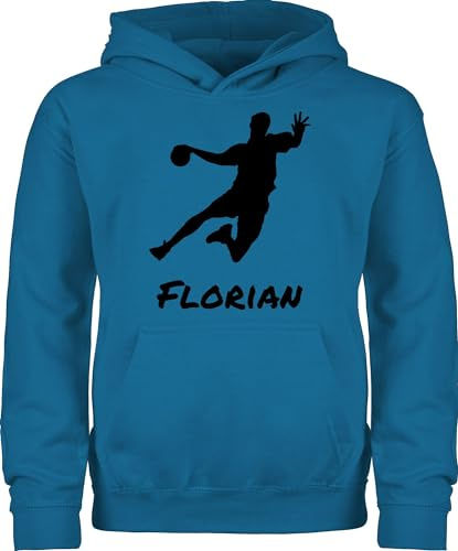 Geschenk mit Namen personalisiert by Shirtracer - Kinder Hoodie Jungen Mädchen - Geschenke Handball - Handballer Silhouette mit Name